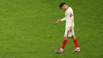 DORTMUND, GERMANY - MARCH 09: Munir of Sevilla looks dejected after the UEFA Champions League Round of 16 match between Borussia Dortmund and Sevilla FC at Signal Iduna Park on March 09, 2021 in Dortmund, Germany. Sporting stadiums around Germany remain u