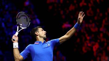 LONDON, ENGLAND - SEPTEMBER 24: Novak Djokovic of Team Europe serves in the match between Alex De Minaur and Jack Sock of Team World and Novak Djokovic and Matteo Berrettini of Team Europe during Day Two of the Laver Cup at The O2 Arena on September 24, 2022 in London, England. (Photo by Julian Finney/Getty Images for Laver Cup)