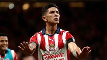 Victor Guzman of Guadalajara celebrates after scoring during the Mexican Clausura tournament quarterfinal first leg football match between Guadalajara and Toluca at the Akron stadium in Zapopan, near Guadalajara, Jalisco State, Mexico, on May 8, 2024. (Photo by ULISES RUIZ / AFP)