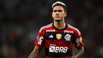 (FILES) Flamengo's forward Pedro celebrates scoring his second goal during the Copa Libertadores group stage first leg football match between Flamengo and �ublense at the Maracana stadium in Rio de Janeiro, Brazil, on April 19, 2023. Flamengo's attacker Pedro reported on July 30, 2023, a physical assault by fitness trainer Pablo Fernandez after the Rio de Janeiro club's visit to Atletico Mineiro, a scandal that according to the local press has cast doubt on Argentine coach Jorge Sampaoli's continuity at 'Fla'. (Photo by MAURO PIMENTEL / AFP)