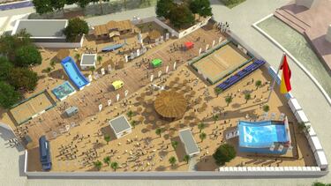 Recreaci¨®n de la playa artificial con piscina de olas que se instalar¨¢ en la plaza de Col¨®n de Madrid.