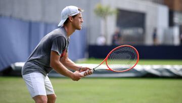 EASTBOURNE, ENGLAND - JUNE 18: Diego Schwartzman of Argentina warms up on a practice court on day one of the Rothesay International Eastbourne at Devonshire Park on June 18, 2022 in Eastbourne, England. (Photo by Charlie Crowhurst/Getty Images for LTA)