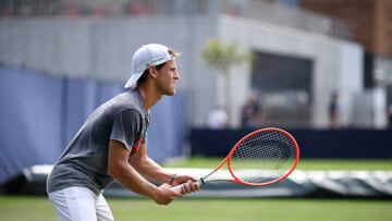 EASTBOURNE, ENGLAND - JUNE 18: Diego Schwartzman of Argentina warms up on a practice court on day one of the Rothesay International Eastbourne at Devonshire Park on June 18, 2022 in Eastbourne, England. (Photo by Charlie Crowhurst/Getty Images for LTA)