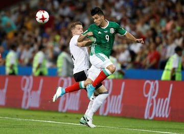 Raúl Jiménez ante la carga de Matthias Ginter.