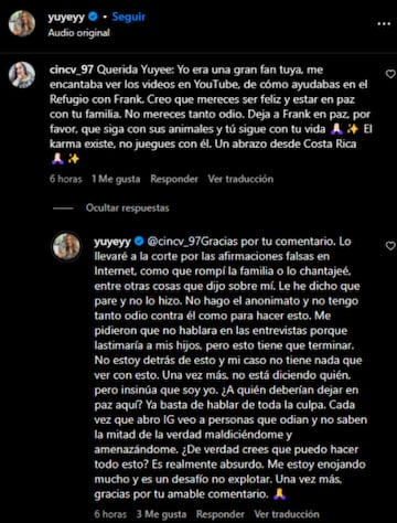 El mensaje de Yuyee en redes sociales sobre Frank Cuesta