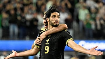 Mar 20, 2025; Inglewood, California, USA; Mexico forward Raul Jimenez (9) reacts after a goal against Canada in the second half during a Concacaf Nations League semifinal match at SoFi Stadium. Mandatory Credit: Alex Gallardo-Imagn Images TPX IMAGES OF THE DAY