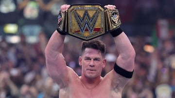 LAS VEGAS, NEVADA - APRIL 20: John Cena celebrates after defeating Cody Rhodes for the Undisputed WWE Championship during WrestleMania 41 at Allegiant Stadium on April 20, 2025 in Las Vegas, Nevada. Ethan Miller/Getty Images/AFP (Photo by Ethan Miller / GETTY IMAGES NORTH AMERICA / Getty Images via AFP)