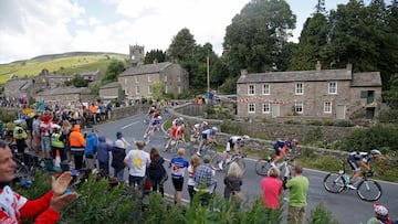The pack of riders cycles on its way during the first 190.5 km stage of the Tour de France cycling race from Leeds to Harrogate, July 5, 2014. REUTERS/Christian Hartmann (BRITAIN - Tags: SPORT CYCLING)