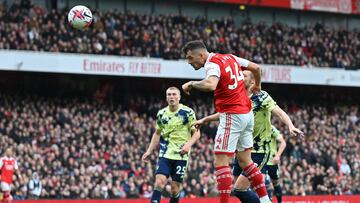 Arsenal's Swiss midfielder Granit Xhaka scores their fourth goal from this header during the English Premier League football match between Arsenal and Leeds United at the Emirates Stadium in London on April 1, 2023. (Photo by Glyn KIRK / AFP) / RESTRICTED TO EDITORIAL USE. No use with unauthorized audio, video, data, fixture lists, club/league logos or 'live' services. Online in-match use limited to 120 images. An additional 40 images may be used in extra time. No video emulation. Social media in-match use limited to 120 images. An additional 40 images may be used in extra time. No use in betting publications, games or single club/league/player publications. / 