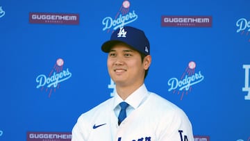 Dec 14, 2023; Los Angeles, CA, USA; Los Angeles Dodgers designated hitter Shohei Ohtani is introduced at a press conference at Dodger Stadium. Mandatory Credit: Kirby Lee-USA TODAY Sports