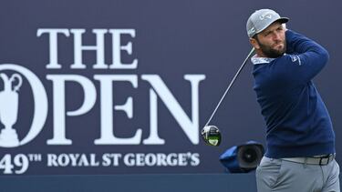 Spain's Jon Rahm watches his drive from the 1st tee during a practice round for The 149th British Open Golf Championship at Royal St George's, Sandwich in south-east England on July 14, 2021. (Photo by Glyn KIRK / AFP) / RESTRICTED TO EDITORIAL USE