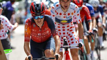 INEOS - Grenadiers' British rider Thomas Pidcock cycles in a breakaway ahead of Lidl - Trek's Italian rider Giulio Ciccone wearing the best climber's polka dot (dotted) jersey during the 20th stage of the 110th edition of the Tour de France cycling race 133 km between Belfort and Le Markstein Fellering, in Eastern France, on July 22, 2023. (Photo by Thomas SAMSON / AFP)