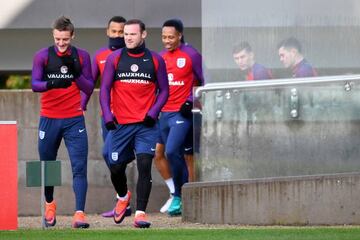 Wayne Rooney and Jamie Vardy of England looking forward to their training session.