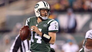 Dec 17, 2016; East Rutherford, NJ, USA; New York Jets quarterback Ryan Fitzpatrick (14) drops back to pass against the Miami Dolphins during the fourth quarter at MetLife Stadium. Fitzpatrick replaced New York Jets quarterback Bryce Petty (not pictured) after Petty left the game with an injury. Mandatory Credit: Brad Penner-USA TODAY Sports