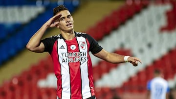 MENDOZA, ARGENTINA - MARCH 20:  Rafael Santos Borr&eacute; of River Plate celebrates after scoring the fifth goal of his team during a match between Godoy Cruz and River Plate as part of Copa de la Liga Profesional 2021  at Estadio Malvinas Argentinas on 