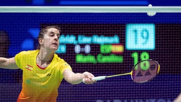 Carolina Marin of Spain against Line Kjaersfeldt of Denmark (not seen) during the women's singles final match at the European Badminton Team Championships between Denmark and Spain, in Lodz, Poland, 18 February 2024. EPA-EFE/Grzegorz Michalowski POLAND OUT