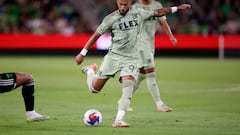 Oct 7, 2023; Austin, Texas, USA; Los Angeles FC forward Denis Bouanga (99) shoots the ball during the first half at Q2 Stadium. Mandatory Credit: Erich Schlegel-USA TODAY Sports