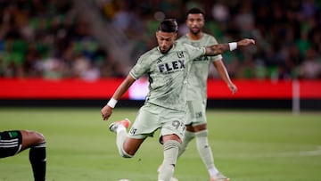 Oct 7, 2023; Austin, Texas, USA; Los Angeles FC forward Denis Bouanga (99) shoots the ball during the first half at Q2 Stadium. Mandatory Credit: Erich Schlegel-USA TODAY Sports