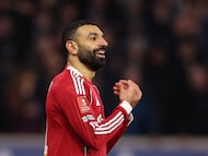 Soccer Football - FA Cup - Fifth Round - Wolverhampton Wanderers v Liverpool - Molineux Stadium, Wolverhampton, Britain - March 6, 2026 Liverpool's Mohamed Salah celebrates scoring their second goal REUTERS/Chris Radburn