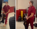 Mack Hollins arrives barefoot in wild prisoner outfit at the Super Bowl LX