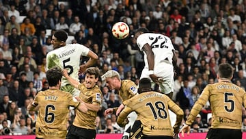 Real Madrid's German defender #22 Antonio Ruediger scores his team's fourth goal during the Spanish Copa del Rey (King's Cup) semi-final second leg football match between Real Madrid CF and Real Sociedad at the Santiago Bernabeu stadium in Madrid on April 1, 2025. (Photo by JAVIER SORIANO / AFP)