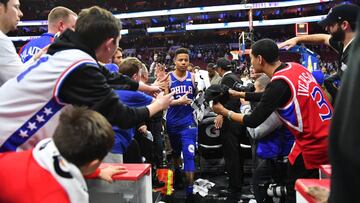 PHILADELPHIA,PA -  MARCH 26 : Markelle Fultz #20 of the Philadelphia 76ers runs into the locker room while shaking fans hands against the Denver Nuggets at Wells Fargo Center on March 26, 2018 in Philadelphia, Pennsylvania NOTE TO USER: User expressly ack