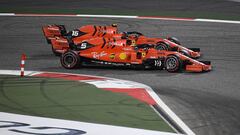 BAHRAIN, BAHRAIN - MARCH 31: Sebastian Vettel of Germany driving the (5) Scuderia Ferrari SF90 battles with Charles Leclerc of Monaco driving the (16) Scuderia Ferrari SF90 on track during the F1 Grand Prix of Bahrain at Bahrain International Circuit on March 31, 2019 in Bahrain, Bahrain. (Photo by Clive Mason/Getty Images)