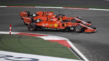 BAHRAIN, BAHRAIN - MARCH 31: Sebastian Vettel of Germany driving the (5) Scuderia Ferrari SF90 battles with Charles Leclerc of Monaco driving the (16) Scuderia Ferrari SF90 on track during the F1 Grand Prix of Bahrain at Bahrain International Circuit on March 31, 2019 in Bahrain, Bahrain. (Photo by Clive Mason/Getty Images)