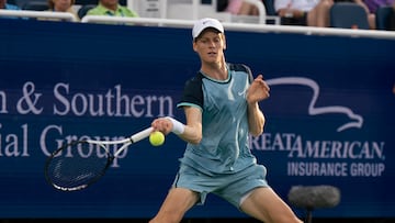 Aug 19 2024; Cincinnati, OH, USA; Jannik Sinner of Italy returns a shot during the men’s singles final against Frances Tiafoe of the United States on day seven of the Cincinnati Open. Mandatory Credit: Susan Mullane-USA TODAY Sports