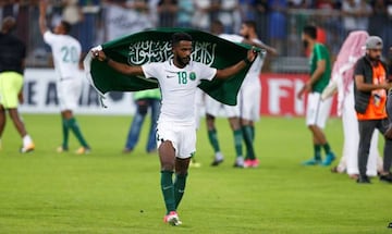 Soccer Football - 2018 World Cup qualifications - Saudi Arabia v Japan - Jeddah, Saudi Arabia - September 5, 2017 - Nawaf Al Abed of Saudi Arabia celebrates the victory against Japan.