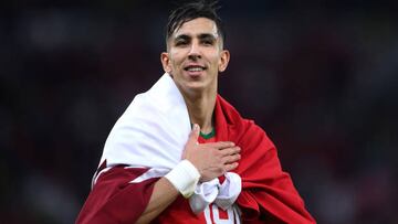 DOHA, QATAR - DECEMBER 10: Jawad El Yamiq of Morocco celebrates the team's 1-0 victory in the FIFA World Cup Qatar 2022 quarter final match between Morocco and Portugal at Al Thumama Stadium on December 10, 2022 in Doha, Qatar. (Photo by Laurence Griffiths/Getty Images)