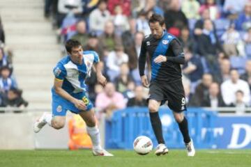 Regreso, 11 marzo 2012, Espanyol-Rayo: ya como jugador rayista, se convierte en el único futbolista que ha marcado en Sarrià, Montjuïc y Cornellà.