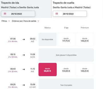 Simulación de compra de billetes del AVE Madrid - Sevilla para comprobar qué trenes han sido afectados por la huelga.