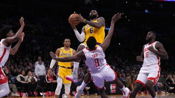 Jan 16, 2023; Los Angeles, California, USA; Los Angeles Lakers forward LeBron James (6) shoots the ball against the Houston Rockets in the second half at Crypto.com Arena. Mandatory Credit: Kirby Lee-USA TODAY Sports