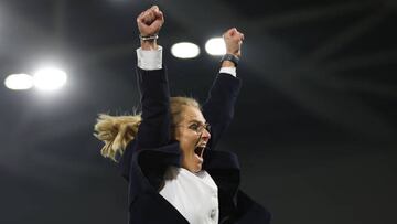 BRIGHTON, ENGLAND - JULY 20: Sarina Wiegman, Manager of England celebrates after their sides victory during the UEFA Women's Euro 2022 Quarter Final match between England and Spain at Brighton & Hove Community Stadium on July 20, 2022 in Brighton, England. (Photo by Catherine Ivill - UEFA/UEFA via Getty Images)