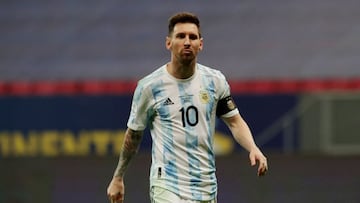 FILE PHOTO: Soccer Football - Copa America 2021 - Semi Final - Argentina v Colombia - Estadio Mane Garrincha, Brasilia, Brazil - July 6, 2021 Argentina&#039;s Lionel Messi celebrates after scoring a penalty during the shootout REUTERS/Henry Romero/File Photo