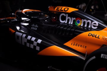 Detalles del nuevo monoplaza de McLaren Formula 1 Team. El naranja papaya sigue siendo su gran seña de identidad, aunque el negro fibra de carbono gana fuerza.