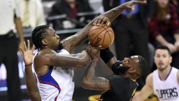 Dec 1, 2016; Cleveland, OH, USA; LA Clippers center DeAndre Jordan (6) defends Cleveland Cavaliers forward LeBron James (23) in the first quarter at Quicken Loans Arena. Mandatory Credit: David Richard-USA TODAY Sports