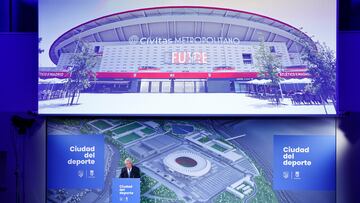 MADRID, 19/07/2022.- El presidente del Atlético de Madrid, Enrique Cerezo, durante su intervención en la presentación de la futura Ciudad del Deporte que se desarrollará en el entorno del estadio del Atlético de Madrid Wanda Metropolitano, este martes . EFE/ Sergio Perez
