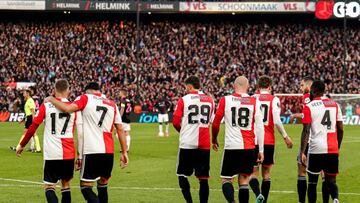 STADION FEIJENOORD, NETHERLANDS - APRIL 13: Sebastian Szymanski of Feyenoord, Alireza Jahanbakhsh of Feyenoord, Santiago Gimenez of Feyenoord, Gernot Trauner of Feyenoord, Mats Wieffer of Feyenoord, Lutsharel Geertruida of Feyenoord celebrates after scoring his teams first goal after the Quarterfinal First Leg - UEFA Europa League match between Feyenoord and AS Roma at the Rotterdam on April 13, 2023 in Stadion Feijenoord, Netherlands (Photo by Joris Verwijst/BSR Agency/Getty Images)