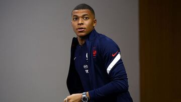France's forward Kylian Mbappe arrives for a press conference at the team's training grounds in Clairefontaine-en-Yvelines, southwest of Paris, on June 13, 2021, during the UEFA EURO 2020 European Football Championship. (Photo by FRANCK FIFE / A