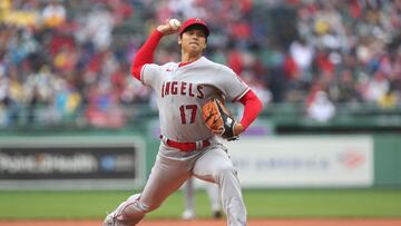 BOSTON, MASSACHUSETTS - APRIL 17: Shohei Ohtani #17 of the Los Angeles Angels delivers a pitch during the first inning against the Boston Red Sox at Fenway Park on April 17, 2023 in Boston, Massachusetts.   Paul Rutherford/Getty Images/AFP (Photo by Paul Rutherford / GETTY IMAGES NORTH AMERICA / Getty Images via AFP)