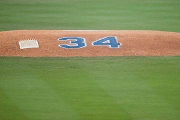 LOS ANGELES, CALIFORNIA - OCTOBER 25: Late Los Angeles Dodgers pitcher Fernando Valenzuela's number is seen painted on the pitcher's mound during Game One of the 2024 World Series at Dodger Stadium on October 25, 2024 in Los Angeles, California.   Alex Slitz/Getty Images/AFP (Photo by Alex Slitz / GETTY IMAGES NORTH AMERICA / Getty Images via AFP)