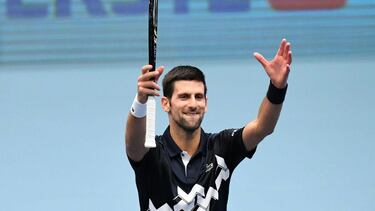 28 October 2020, Austria, Vienna: Serbian tennis player Novak Djokovic celebrates after defeating Croatia's Borna Coric during their men's singles round of 16 match at the Erste Bank Open ATP tennis tournament. Photo: Helmut Fohringer/APA/dpa 28/10/2020