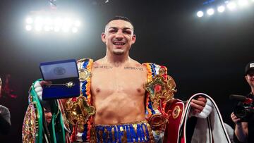 MIAMI, FLORIDA - JUNE 29: Teofimo Lopez celebrates after defeating Steve Claggett during the WBO and Ring Magazine Junior Welterweight World Title bout at James L. Knight Center on June 29, 2024 in Miami, Florida. Kelly Gavin/Getty Images/AFP (Photo by Kelly Gavin / GETTY IMAGES NORTH AMERICA / Getty Images via AFP)
