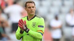 Germany&#039;s goalkeeper Manuel Neuer reacts during the UEFA EURO 2020 Group F football match between Portugal and Germany at Allianz Arena in Munich, Germany, on June 19, 2021. (Photo by PHILIPP GUELLAND / POOL / AFP)