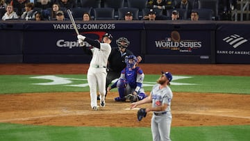 NEW YORK, NEW YORK - OCTOBER 28: Alex Verdugo #24 of the New York Yankees hits a two-run home run in the ninth inning against the Los Angeles Dodgers during Game Three of the 2024 World Series at Yankee Stadium on October 28, 2024 in the Bronx borough of New York City. Luke Hales/Getty Images/AFP (Photo by Luke Hales / GETTY IMAGES NORTH AMERICA / Getty Images via AFP)