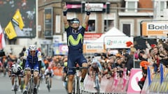 Liege (Belgium), 23/04/2017.- Spanish rider Alejandro Valverde of the Movistar Team celebrates while crossing the finish line to win the Liege-Bastogne-Liege cycling race in Liege, Belgium, 23 April 2017. (Lieja, B&eacute;lgica, Ciclismo) EFE/EPA/JULIEN WARNAND