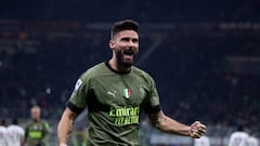 MILAN, ITALY - FEBRUARY 10: Olivier Giroud of AC Milan celebrates after scoring their first goal during the Serie A match between AC MIlan and Torino FC at Stadio Giuseppe Meazza on February 10, 2023 in Milan, Italy. (Photo by Claudia Greco/Getty Images)