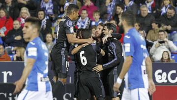 Los jugadores del Real Madrid celebran un gol la temporada pasada contra el Leganés en Butarque.